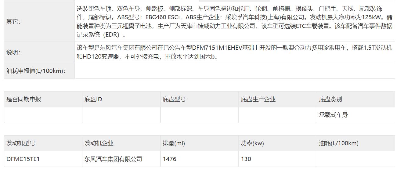 兼顾燃油及油电混动总成，东风风神皓极申报信息曝光
